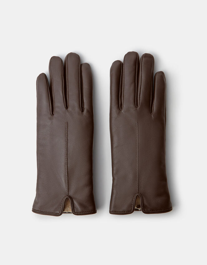Faux Fur Lined Leather Gloves, Brown (CHOCOLATE), large