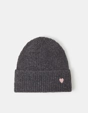 Heart Embroidered Beanie Hat, Grey (GREY), large