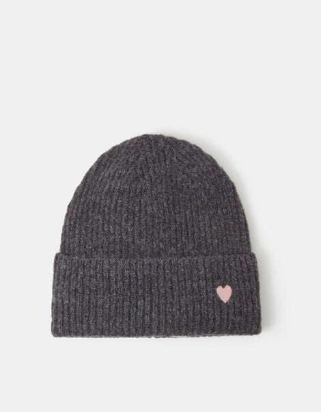 Heart Embroidered Beanie Hat, Grey (GREY), large