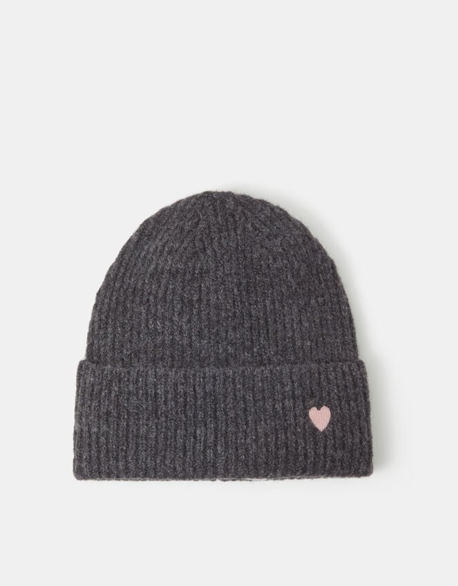 Heart Embroidered Beanie Hat, Grey (GREY), large
