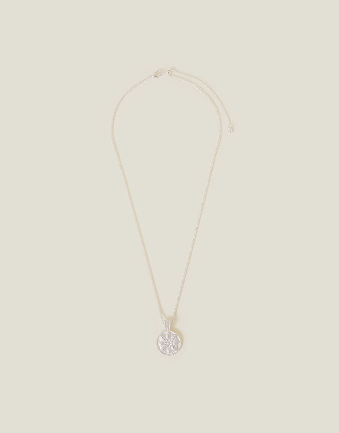 Sterling Silver-Plated Flower Disc Pendant Necklace, , large