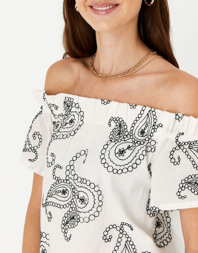 Embroidered Bardot Dress, Black (BLACK WHITE), large