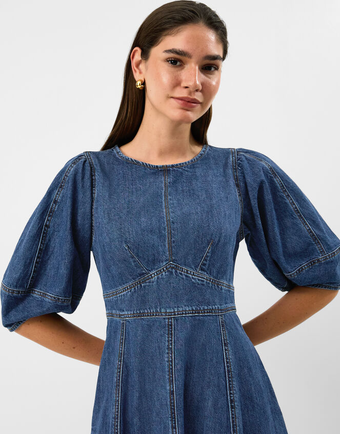 Puff Sleeve Denim Midi Dress, Blue (BLUE), large
