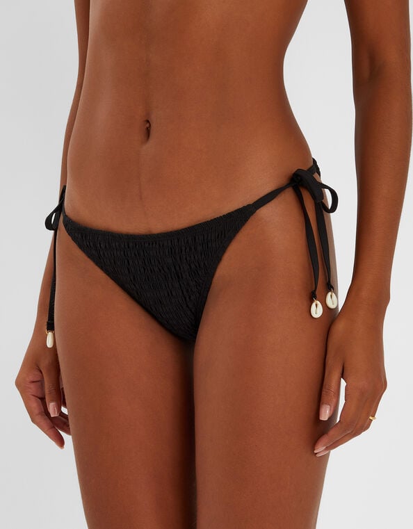 Smocked Tie Side Bikini Bottoms, Black (BLACK), large