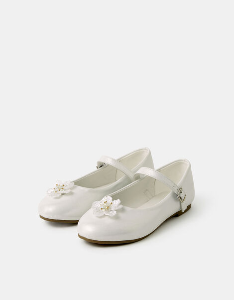 Girls Appliqu&eacute; Flower Mary Jane Ballet Flats, Ivory (IVORY), large