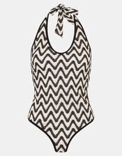 Monochrome Crochet Plunge Swimsuit , Black (BLACK WHITE), large