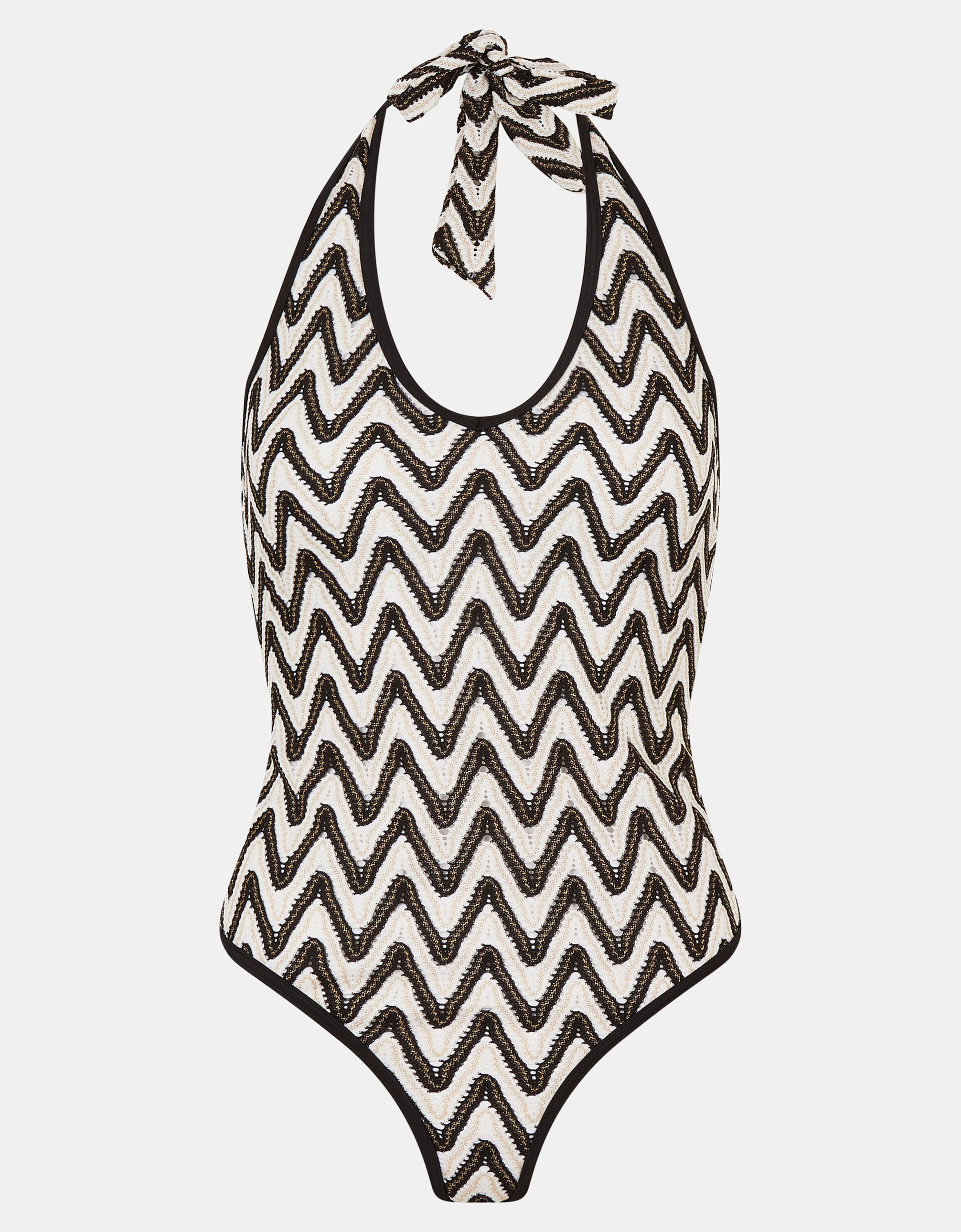Monochrome Crochet Plunge Swimsuit , Black (BLACK WHITE), large