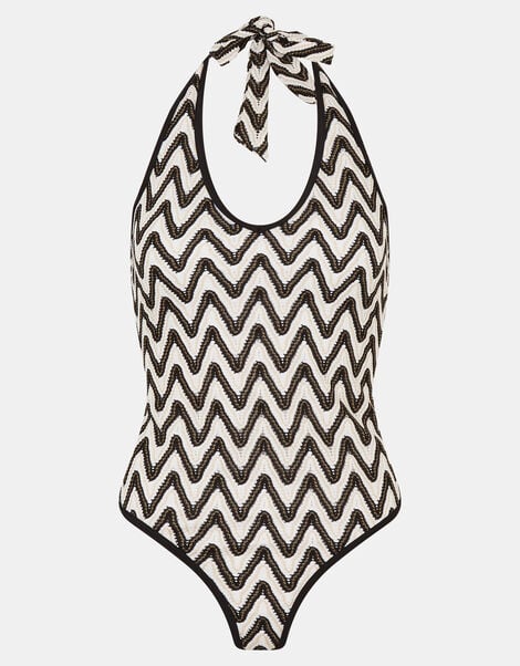 Mono Crochet Plunge Swimsuit , Black (BLACK WHITE), large