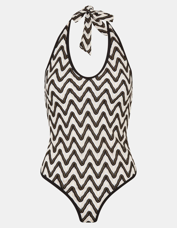 Monochrome Crochet Plunge Swimsuit , Black (BLACK WHITE), large