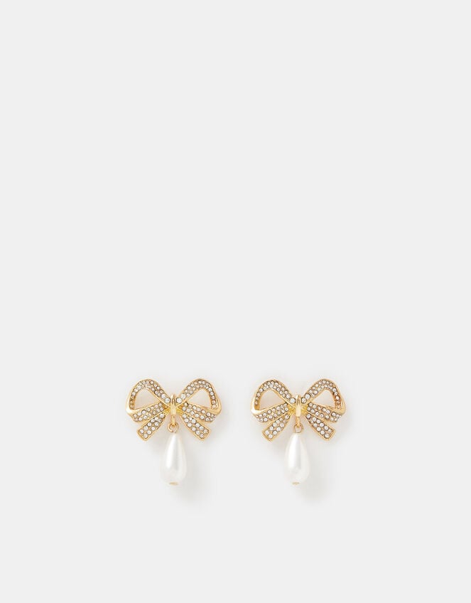 Diamant&eacute; Bow Pearl Drop Earrings, , large