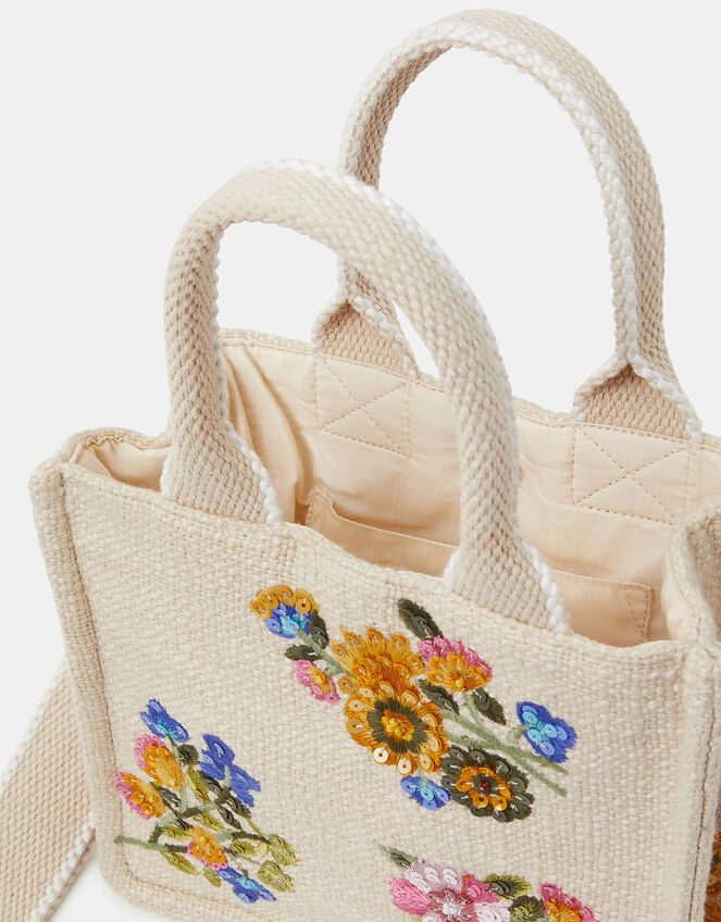 Mini Floral Embroidered Woven Handbag Cream, , large