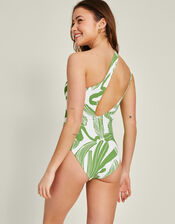 Squiggle Print Asymmetric Swimsuit, Green (OLIVE), large