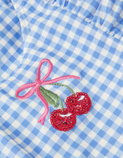 Girls Embellished Cherry Gingham Swimsuit, Blue (BLUE), large