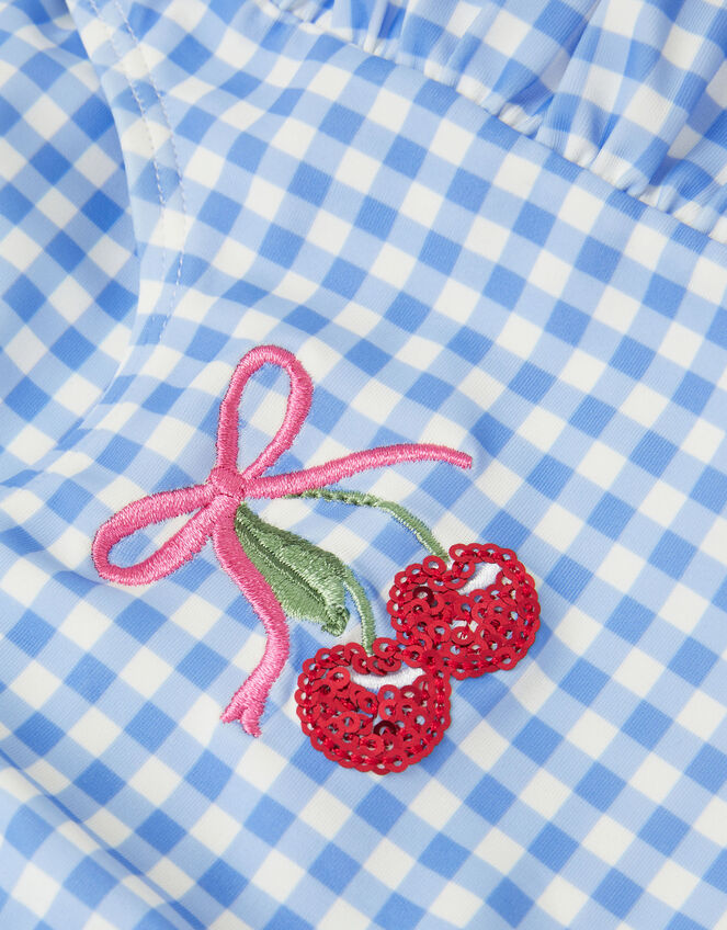 Girls Embellished Cherry Gingham Swimsuit, Blue (BLUE), large