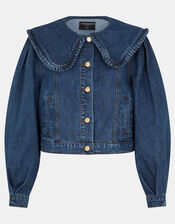 Frill Collar Denim Jacket, Blue (BLUE), large