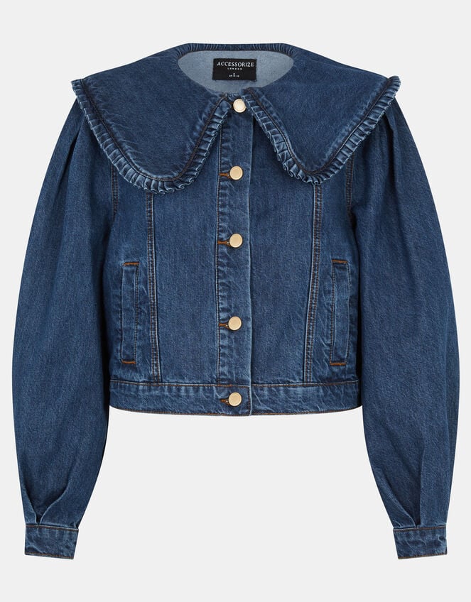 Frill Collar Denim Jacket, Blue (BLUE), large
