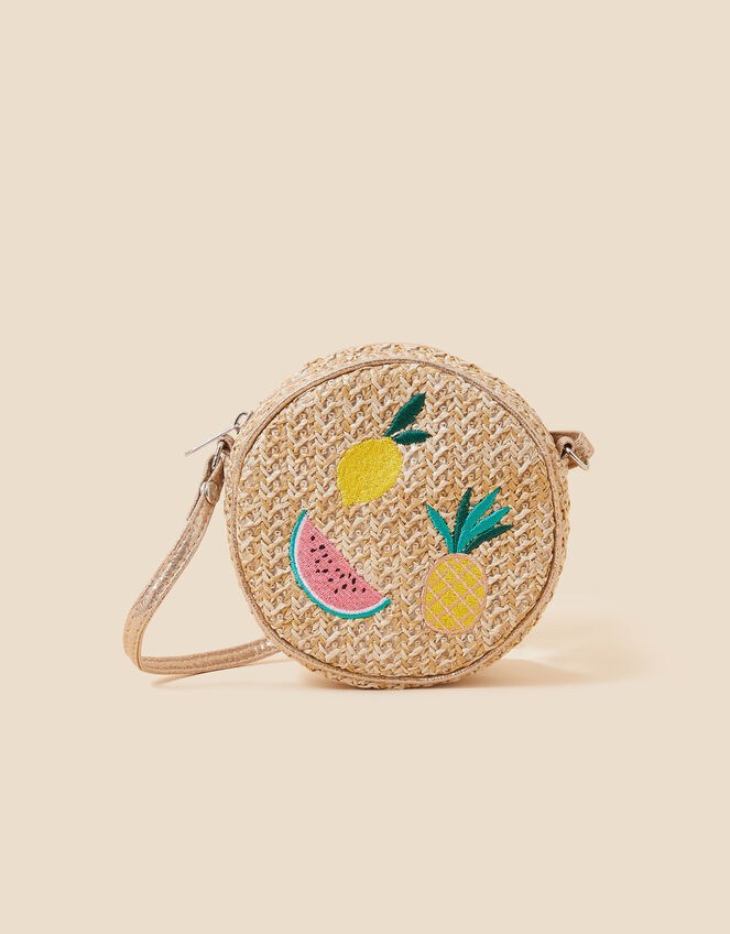 Girls Fruit Embroidered Straw Round Bag, , large