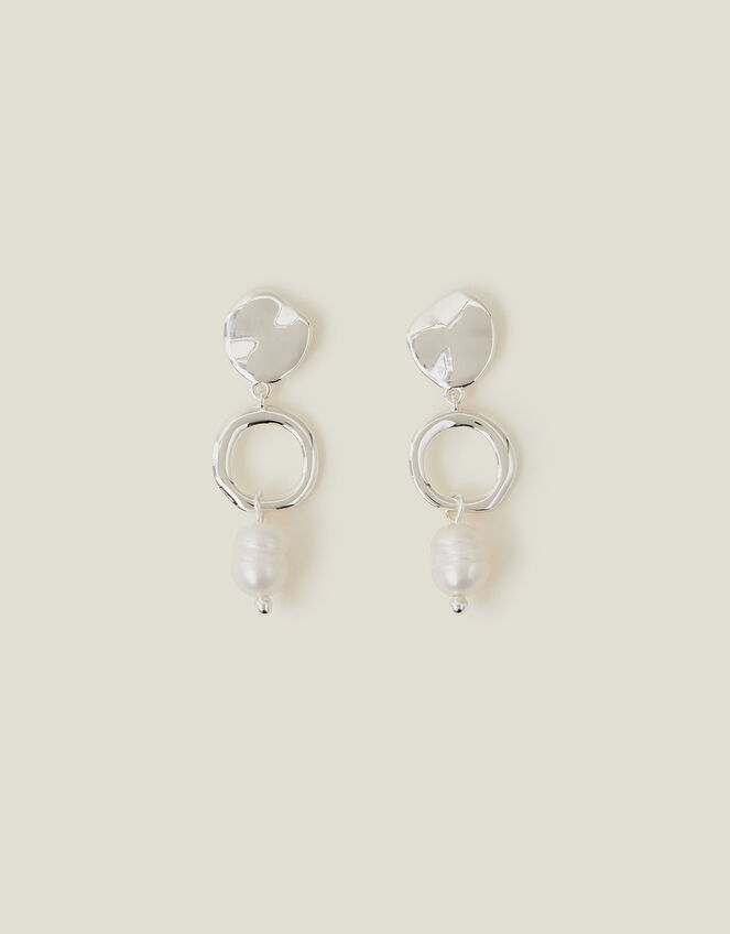 Sterling Silver-Plated Molten Pearl Drop Earrings, , large