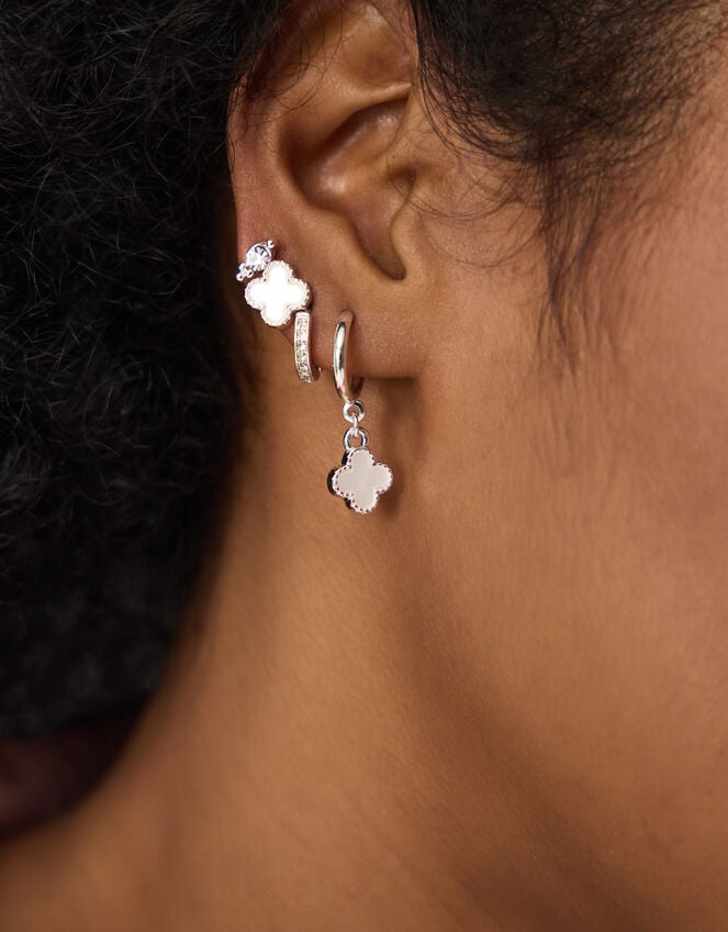 5-Pack Pearl Clover Stud & Hoop Earrings, Silver (SILVER), large