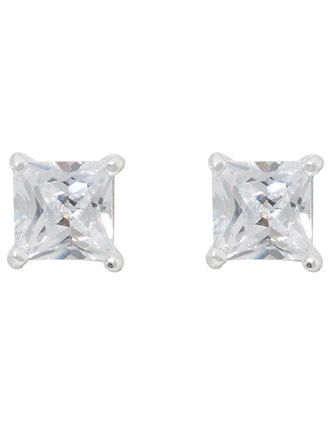 Sterling Silver Princess Cut Solitaire Earrings, , large