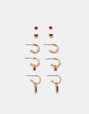 5-Pack Gemstone Stud & Hoop Earrings, Red (BURGUNDY), large