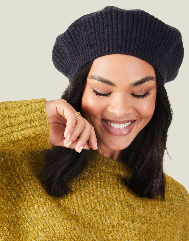 Ribbed Knit Beret, Blue (NAVY), large