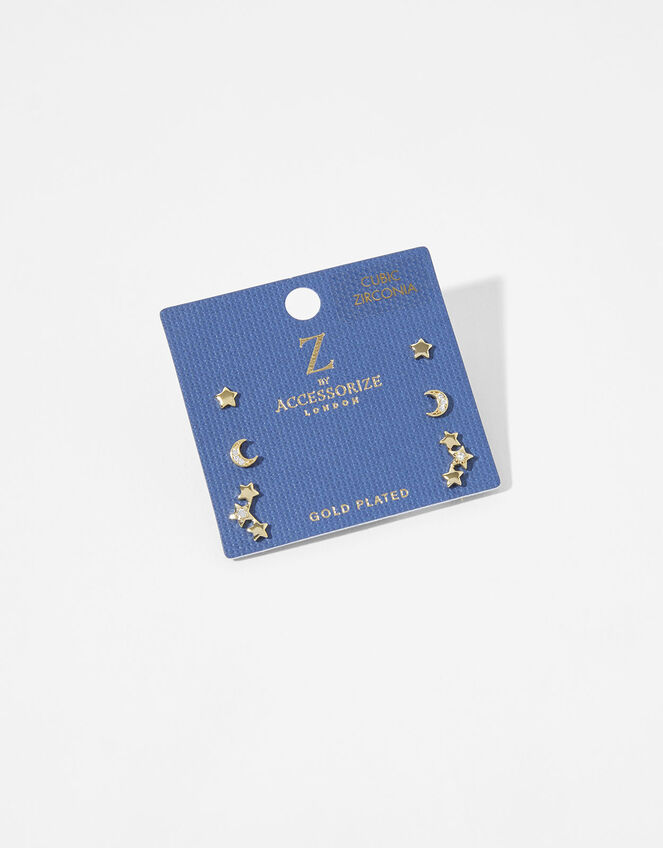 Gold-Plated Celestial Stud Earring Set, , large