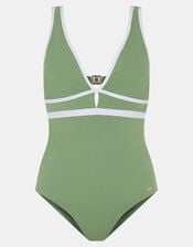 UPF50+ Contrast Plunge Shaping Swimsuit, Green (KHAKI), large