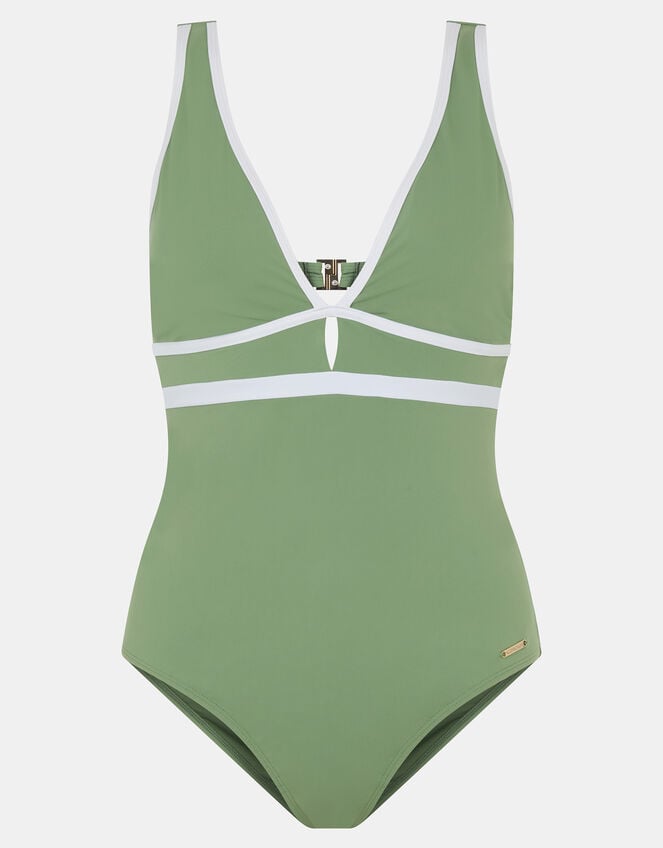 UPF50+ Contrast Plunge Shaping Swimsuit, Green (KHAKI), large