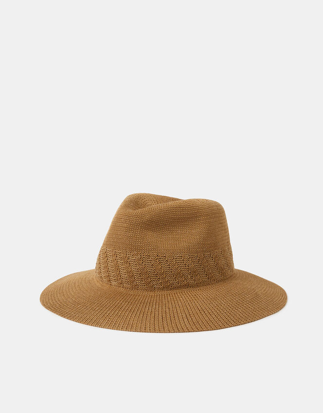 Woven Packable Fedora Hat, Tan (TAN), large