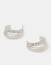 Mini Diamant&eacute; Double Hoop Earrings, Silver (SILVER), large
