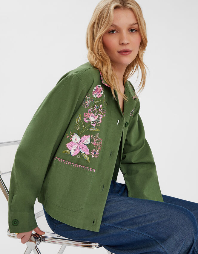 Jasmine Embroidered Cotton Jacket, Green (KHAKI), large