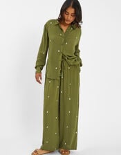 Embroidered Crinkle Trousers, Green (KHAKI), large