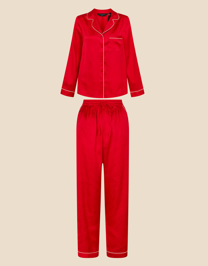 Button Satin Full-Length Pyjama Set, Red (RED), large