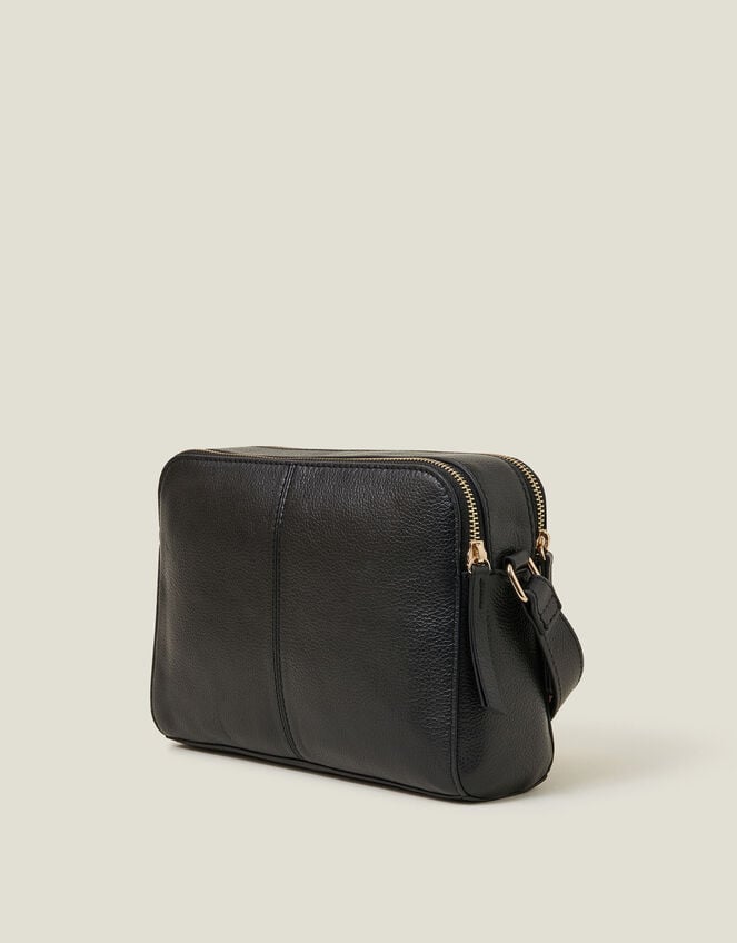 Double Zip Leather Cross-Body Bag, Black (BLACK), large