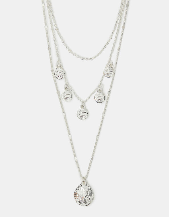Textured Disc Charm Layered Necklace Silver, , large