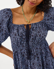 Floral Print Puff Sleeve Mini Dress, Blue (BLUE), large