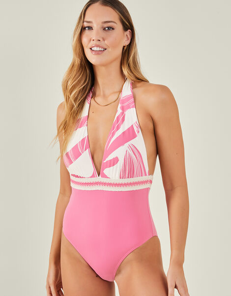 Contrast Print Halter Neck Swimsuit, Pink (PINK), large