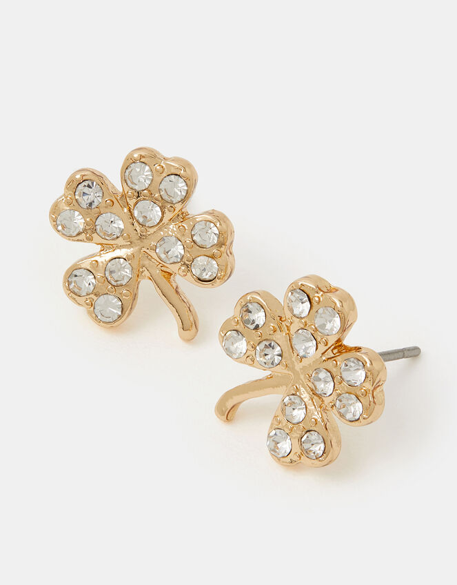Diamanté Clover Stud Earrings, , large
