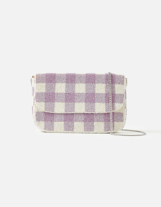 Gingham Beaded Clutch Bag, , large