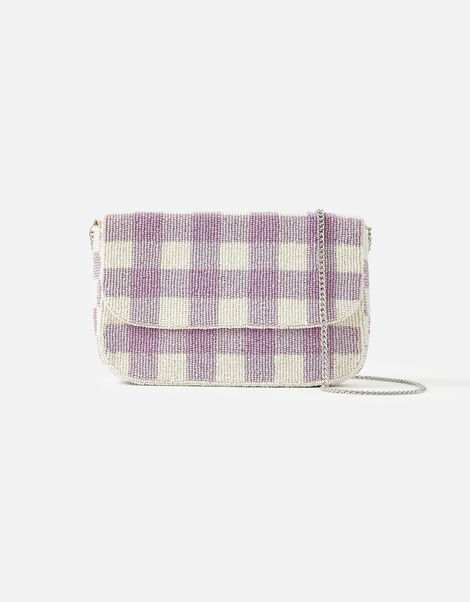 Gingham Beaded Clutch Bag, , large