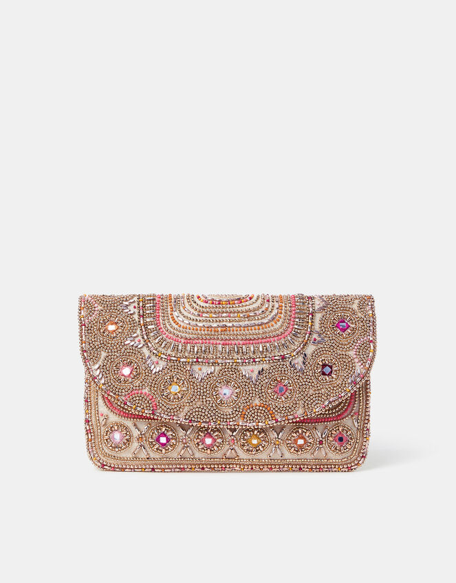 Bead Mirror Embellished Clutch Bag, , large