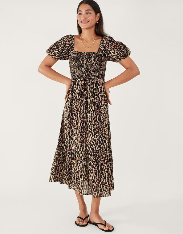 Leopard Print Shirred Puff Sleeve Dress Brown, Brown (BROWN), large