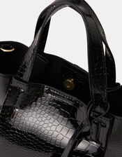 Faux Croc Skin Patent Tote Bag, Black (BLACK), large