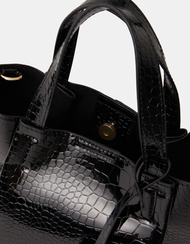 Faux Croc Skin Patent Tote Bag, Black (BLACK), large