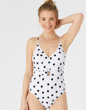 Polka-Dot Swimsuit with Waist Belt, Black (BLACK WHITE), large