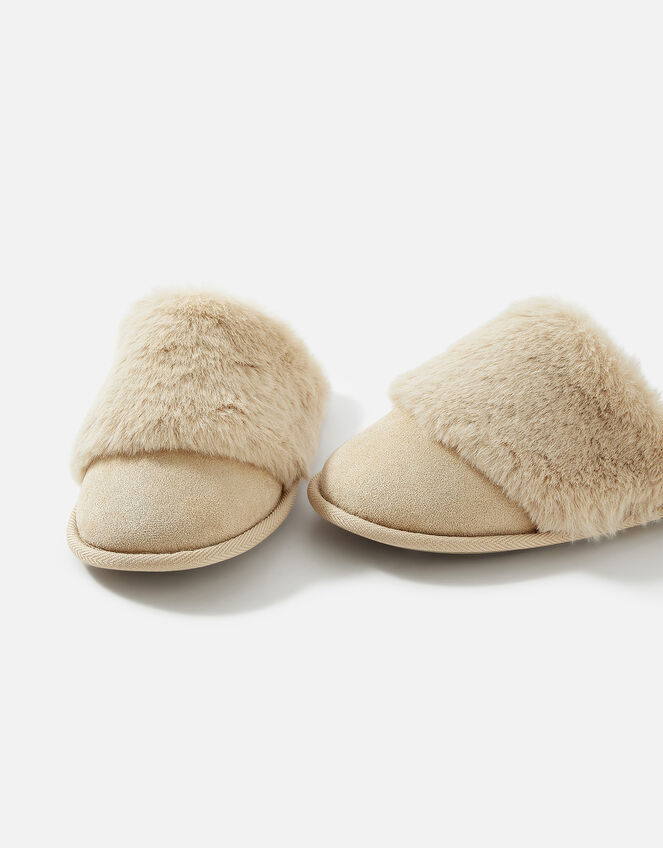 Wide Band Faux Fur Mule Slippers, Camel (CAMEL), large