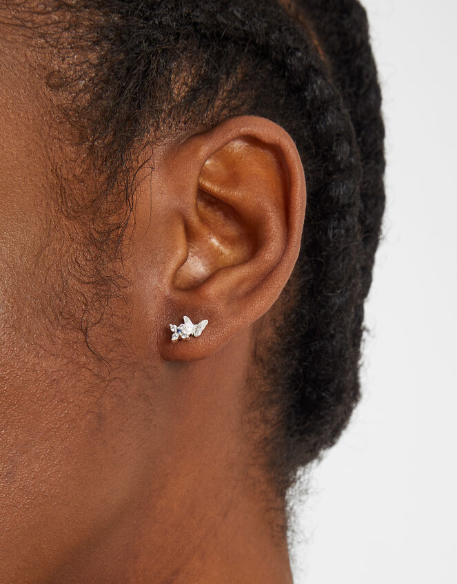 Sterling Silver-Plated Butterfly Gem Stud Earrings, , large