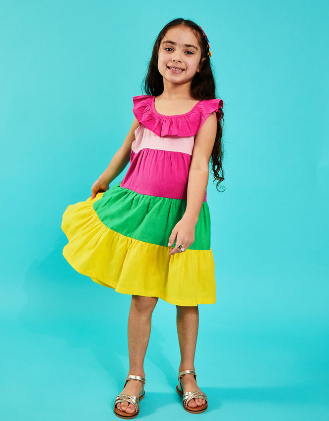 Girls Colour Block Tiered Dress, Multi (BRIGHTS MULTI), large
