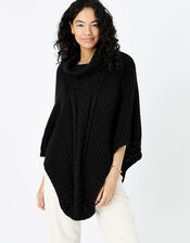 Cable Knit Poncho, Black (BLACK), large